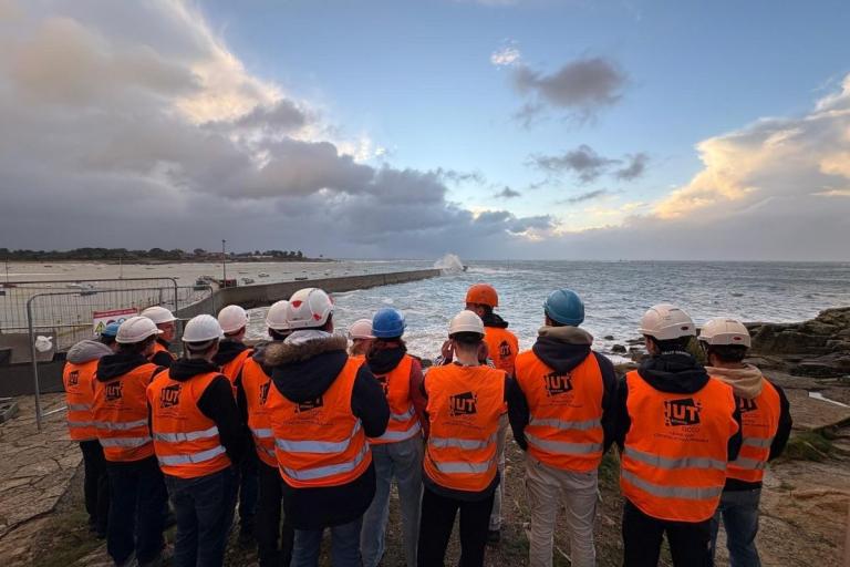 Groupe d’étudiants en gilets et casques de chantier observant les travaux de rénovation du môle, avec ouvriers et plongeurs intervenant le long de l’ouvrage en milieu marin.