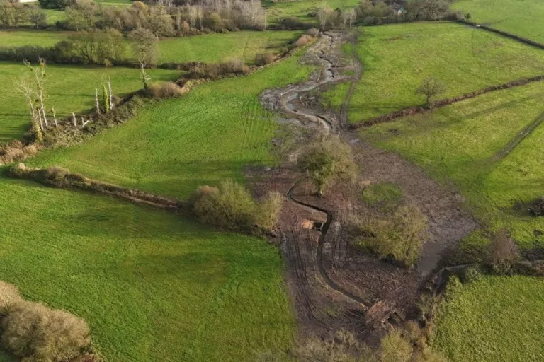 Vue aérienne du cours d'eau renaturé après les travaux de génie écologique réalisés par Colas