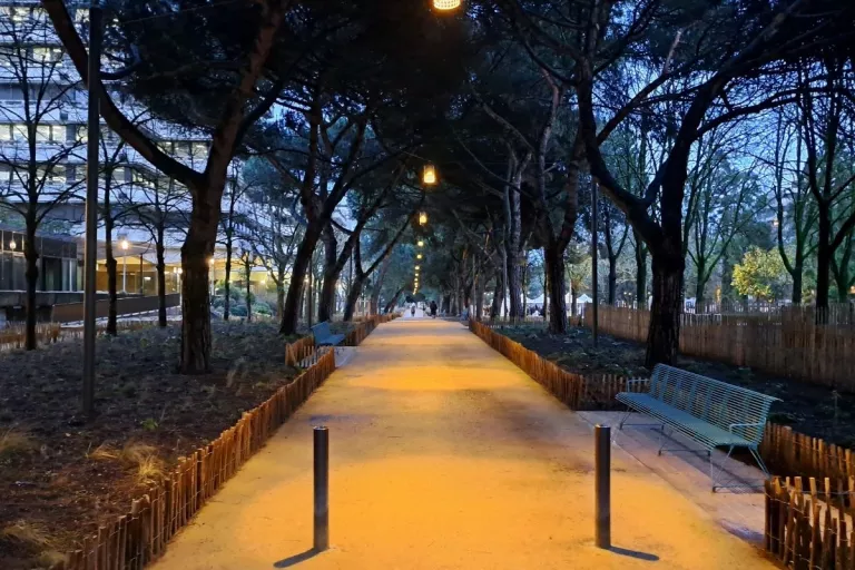 Allée piétonne arborée éclairée par des luminaires suspendus à Bordeaux au crépuscule.