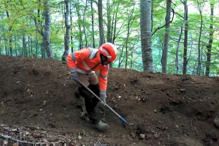 Ouvrier équipé d’un casque et d’une tenue haute visibilité préparant le terrain en forêt.