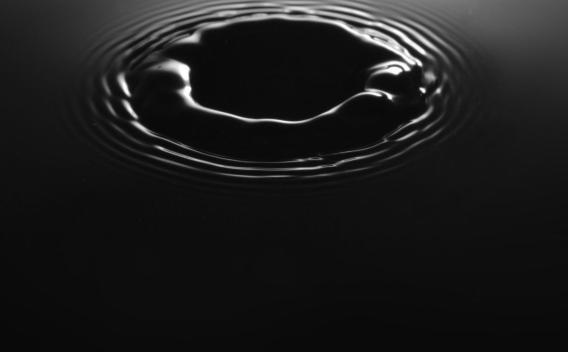 Une ondulation circulaire dans l’obscurité, évoquant l’instant où une goutte touche une surface noire et immobile.