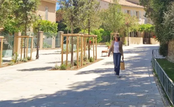 Allée piétonne récemment réaménagée, pavée et arborée avec jeunes sujets tuteurés, offrant un cadre ombragé et apaisé au cœur d’un quartier résidentiel.