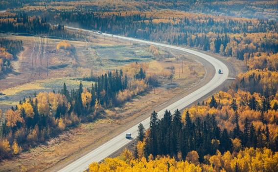 Vue aérienne élégante d’un tronçon routier sinueux traversant une forêt automnale, illustrant l’intégration infrastructure‑milieu et l’usage logistique.