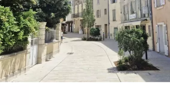 Rue apaisée récemment requalifiée: pavage clair en pierre, trottoir et chaussée au même niveau, plantations d’arbustes et jeunes arbres, façades de centre ancien et commerces en fond de perspective.