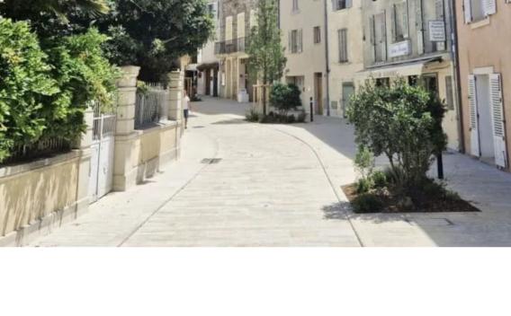 Rue apaisée récemment requalifiée: pavage clair en pierre, trottoir et chaussée au même niveau, plantations d’arbustes et jeunes arbres, façades de centre ancien et commerces en fond de perspective.