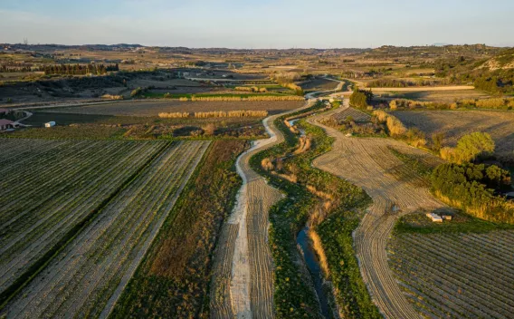 Génie écologique par Colas à Théziers : Vue panoramique d'un paysage agricole traversé par un chenal sinueux, illustrant l'articulation entre gestion des eaux, continuités écologiques et parcelles cultivées.