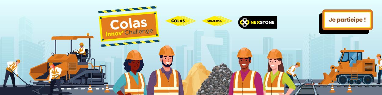 Personnages en vêtement de chantier : La bannière montre des ouvriers du BTP en tenue de sécurité, avec des engins et un décor urbain. Elle met en avant l’innovation et l’esprit d’équipe, tandis que le bouton « Je participe ! » encourage l’engagement.