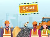 Illustration de collaborateurs en tenue de chantier avec des matériaux et un engin en arrière plan