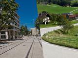 Montage présentant une rue urbaine avec des rails de tramway et une route de campagne traversant un paysage verdoyant.